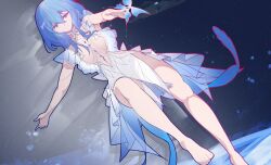 Rule 34 | 1girl, absurdres, bare legs, bare shoulders, blue butterfly, blue hair, breasts, bug, butterfly, closed mouth, colored eyelashes, dress, feet, from above, hair between eyes, highres, insect, large breasts, legs, long hair, looking at viewer, lying, no veil, on back, purple eyes, qiangwei796, shorekeeper (wuthering waves), sleeveless, sleeveless dress, solo, toes, white dress, wuthering waves