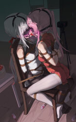 2girls absurdres arms_behind_back ball_gag bare_shoulders bdsm black_pantyhose blush bondage bound bound_arms bound_legs bound_together breast_bondage breasts china_dress chinese_clothes crotch_rope dress drooling elbow_gloves gag gagged gloves grey_hair heart heart-shaped_pupils highres indoors long_hair multiple_girls no_shoes pantyhose pink_hair ponytail separated_legs shibari shibari_over_clothes side_ponytail sitting sitting_on_person skindentation small_breasts symbol-shaped_pupils very_long_hair white_gloves white_pantyhose wiffle_gag xiongmao