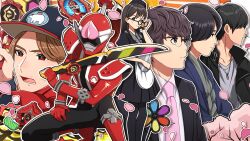 1010_mumumu 1girl 4boys avataro_sentai_donbrothers black_bodysuit black_dress black_jacket bodysuit brown_hair donblaster donmomotarou dress glasses grey_shirt group_picture helmet highres inuzuka_tsubasa jacket jewelry kijino_tsuyoshi kito_haruka long_hair maid momoi_taro multiple_boys pendant red_bodysuit red_helmet ressha_sentai_toqger saruhara_shin&#039;ichi shirt short_hair super_sentai toq_1gou white_shirt