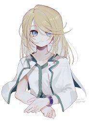 1boy absurdres bangle blonde_hair blue_eyes blush bracelet cape closed_mouth collarbone commentary_request dated hair_over_one_eye highres jewelry light_blush male_focus medium_hair mithos_yggdrasill nancykittyu tales_of_(series) tales_of_symphonia watermark white_background