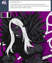 1girl aversa_(fire_emblem) black_skin book breasts camilla_(fire_emblem) cleavage colored_skin english_text facial_mark feathers female_focus fire_emblem fire_emblem_awakening fire_emblem_fates gzei lipstick long_hair makeup medium_breasts nintendo purple_eyes purple_hair signature smile smug solo tattoo tumblr tumblr_username white_hair white_lips