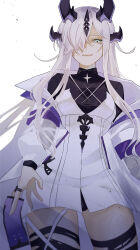 1girl absurdres arknights black_shirt breasts closed_mouth dress green_eyes half-closed_eye highres horns jacket long_hair long_sleeves looking_at_viewer naruse_azusa necrass_(arknights) off_shoulder open_clothes open_jacket puffy_long_sleeves puffy_sleeves shirt simple_background small_breasts smile solo very_long_hair white_background white_dress white_hair white_jacket