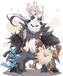 10s 1girl ahoge anger_vein asashimo_(kancolle) boots bow clenched_hands clenched_teeth crossover dress_shirt gen_1_pokemon gen_4_pokemon gen_6_pokemon grin hands_up jiino kantai_collection long_hair mankey mouth_hold nintendo on_shoulder pangoro pantyhose pokemon pokemon_(creature) ponytail purple_pantyhose riolu shirt sitting_on_shoulder smile standing standing_on_one_leg teeth teeth_hold uniform veins very_long_hair white_hair