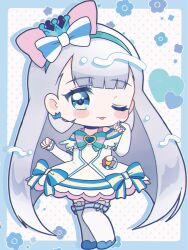 1girl aqua_eyes blue_shoes blush_stickers cure_nyammy dress full_body grey_hair hair_ribbon highres long_hair one_eye_closed precure ribbon shoes smile solo standing umiyuki_(umi_chu) very_long_hair white_dress wonderful_precure!