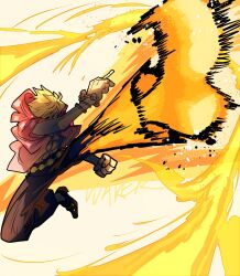 1boy abs blonde_hair diable_jambe fighting_stance fire flying_kick highres kicking male_focus one_piece red_shirt sanji_(one_piece) shirt solo taku_(aywakutakuay) toned toned_male