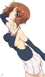 1girl absurdres breasts brown_eyes brown_hair collarbone erakin girls_und_panzer highres large_breasts looking_at_viewer military_uniform miniskirt nishizumi_miho ooarai_military_uniform open_mouth short_hair sideboob simple_background skirt solo white_background