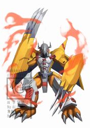 1boy armor bakeneko38 claw_(weapon) colored_skin commission digimon digimon_(creature) dragon fire full_body green_eyes highres male_focus orange_scales orange_skin red_hair short_hair shoulder_armor simple_background skeb_commission solo wargreymon weapon white_background yellow_armor