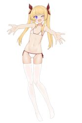 1girl absurdres bikini black_souls blonde_hair flat_chest full_body highres long_hair lorina_liddell_(black_souls) navel one_eye_closed open_mouth purple_eyes reaching reaching_towards_viewer ribbonsnek smile solo swimsuit transparent_background twintails white_bikini