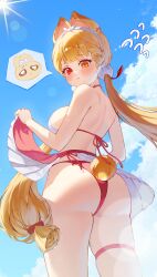 Rule 34 | 1girl, :t, absurdres, adapted costume, alice thymefield, alice thymefield (sea of thyme), animal ears, arched back, ass, bare arms, bare back, bare shoulders, bikini, bikini skirt, blonde hair, blue sky, blunt bangs, blush, braid, braided bangs, breasts, closed mouth, clothes lift, cloud, commentary, cowboy shot, day, flying sweatdrops, from behind, from below, hair lift, hair ornament, hairband, halterneck, hands up, heterochromia, highres, lifting own clothes, long hair, looking at viewer, looking back, looking down, low twintails, medium breasts, multicolored bikini, outdoors, pout, rabbit ears, rabbit girl, rabbit tail, raised eyebrows, red bikini, red eyes, skirt, skirt lift, sky, solo, speech bubble, sphere hair ornament, spoken character, standing, sun, swimsuit, tail, tearing up, thigh strap, twintails, two-tone bikini, very long hair, white bikini, white hairband, yamisroot, yellow eyes, zenless zone zero