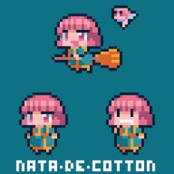 bob_cut broom broom_riding character_name chibi cotton_(character) cotton_(game) drooling fairy fairy_wings holding holding_broom lowres open_mouth pink_eyes pink_hair pixel_art robe short_hair silk_(cotton) simple_background aqua_background wings witch
