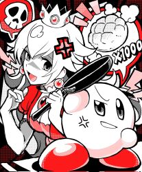 Rule 34 | 1girl, :d, anger vein, ben-day dots, breasts, brooch, crossover, crown, earrings, elbow gloves, food, frying pan, gloves, grin, highres, holding, holding frying pan, jewelry, kirby, kirby (series), lightning bolt symbol, long hair, looking at another, mario (series), moffumofu0000, monochrome, nintendo, open mouth, princess peach, puffy short sleeves, puffy sleeves, red shoes, screentones, shadow, shoes, short sleeves, shout lines, skull, smile, speech bubble
