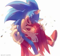 Rule 34 | 2boys, animal ears, animal nose, artist name, blue fur, blush, chinese commentary, closed eyes, fang, fangs, gloves, hand on another&#039;s head, hands up, happy, hedgehog, highres, knuckles the echidna, lazy kun, male focus, multiple boys, open mouth, red footwear, red fur, shoes, short tail, simple background, smile, sneakers, socks, sonic (series), sonic the hedgehog, tail, teeth, tongue, white background, white gloves, white socks