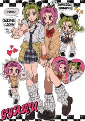 2girls :o alternate_costume arrow_(symbol) bag black_border black_hair black_outline black_socks blush border brown_shoes bun_with_braided_base character_name checkered_background chibi chibi_inset collared_shirt cone_hair_bun dress_shirt dress_shoes english_text flat_chest fu_r_y full_body genderswap genderswap_(mtf) green_hair green_lips hair_bun heart highres holding holding_bag holding_letter jojo_no_kimyou_na_bouken knees_together_feet_apart kuujou_jolyne leg_warmers letter lightning_bolt_symbol looking_at_another looking_at_viewer love_letter matching_outfits medium_hair multicolored_hair multiple_girls narciso_anasui neck_ribbon necktie orange_sweater outline outside_border pink_hair plaid_clothes plaid_skirt ribbon scrunchie shirt shoes skirt sleeves_rolled_up socks speech_bubble spiked_headband sticker stone_ocean striped_necktie sweater tied_sweater two-tone_hair white_leg_warmers white_outline white_shirt wing_collar wrist_scrunchie yuri