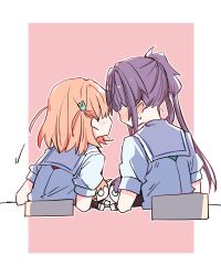 2girls aqua_neckerchief blue_dress blush border cerise_bouquet character_doll commentary_request doll dolls_kissing dress ear_blush hair_ornament highres hinoshita_kaho kanduki_kamibukuro link!_like!_love_live! long_hair love_live! medium_hair multiple_girls neckerchief nesoberi orange_hair otomune_kozue outline outside_border pink_background puffy_short_sleeves puffy_sleeves rabbit_hair_ornament red_neckerchief sailor_collar sailor_dress short_sleeves side_ponytail simple_background sitting summer_uniform two_side_up virtual_youtuber white_border white_outline white_sailor_collar yuri