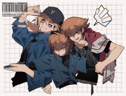 3boys black_hair black_hat black_shirt blonde_hair blue_jacket brown_eyes brown_hair cellphone cowboy_shot group_picture hat highres holding holding_phone in-franchise_crossover jacket medium_hair multicolored_hair multiple_boys muto_yugi one_eye_closed phone purple_eyes purple_hair red_jacket shirt smartphone spiked_hair supreme_king_(yu-gi-oh!_gx) w yoshio_296 yu-gi-oh! yu-gi-oh!_duel_monsters yu-gi-oh!_gx yuki_judai