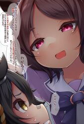 1koma 2girls absurdres animal_ears bandaid bandaid_on_face bandaid_on_nose black_hair bow bowtie comic commentary_request crazy_eyes ear_ornament hibiki_(zerocodo) highres kabedon looking_down looking_up medium_hair multiple_girls narita_brian_(umamusume) parted_bangs pink_eyes purple_bow purple_bowtie rope sailor_collar sailor_shirt sakura_laurel_(umamusume) school_uniform shimenawa shirt short_sleeves signature speech_bubble summer_uniform sweatdrop tracen_school_uniform translation_request umamusume yandere yellow_eyes
