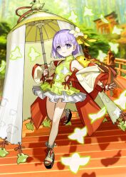 1girl :3 breasts child closed_mouth clothing_cutout dress fate/grand_order fate_(series) fingerless_gloves flower flower_request game_cg gloves green_dress hair_flower hair_ornament hair_ribbon hand_up high_collar holding holding_umbrella jacket kazuradrop_(fate) kazuradrop_(third_ascension)_(fate) layered_dress leg_up looking_at_viewer multicolored_jacket off_shoulder official_art oil-paper_umbrella open_clothes open_jacket outstretched_arm platform_shoes purple_eyes purple_hair red_jacket red_ribbon ribbon short_dress short_hair side_cutout sleeveless sleeveless_dress small_breasts smile socks solo stairs standing standing_on_one_leg third-party_source torii two-tone_jacket umbrella wada_arco white_gloves white_jacket white_socks wide_sleeves yellow_ribbon