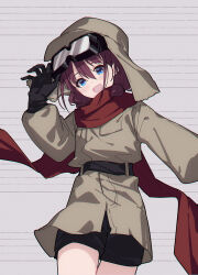 1girl aviator_cap aviator_goggles belt black_gloves black_shorts blue_eyes blush brown_belt brown_hair chinese_commentary commentary_request girls_band_cry gloves goggles goggles_on_head grey_background hair_between_eyes highres iseri_nina looking_at_viewer low_twintails open_mouth red_scarf scarf short_hair short_twintails shorts solo twintails yun_cao_bing