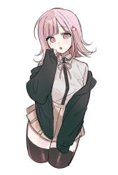 1girl breasts brown_hair collared_shirt danganronpa_(series) danganronpa_2:_goodbye_despair flipped_hair galaga hair_ornament highres jacket long_sleeves looking_at_viewer medium_hair nanami_chiaki neck_ribbon open_clothes open_jacket pink_eyes pink_ribbon pleated_skirt ribbon saosa18666 shirt skirt solo spaceship_hair_ornament thighhighs white_shirt