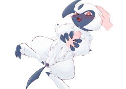 1girl :3 absol absurdres animal_pussy animal_sexualization bestiality blue_gemstone blush bright_pupils canine_pussy claws disembodied_hand disembodied_penis erection extra_breasts fangs forehead_jewel from_above fur_collar furry gem gen_3_pokemon hand_on_another&#039;s_head handjob happy headpat hetero highres looking_at_viewer lying nintendo nipples on_back open_mouth penis pokemon pokemon_(creature) precum pussy red_eyes red_leopard short_hair sidelocks smile solo_focus spread_legs uncensored white_hair white_pupils white_theme