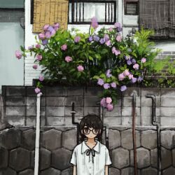 1girl absurdres black_eyes black_hair building day facing_viewer flower glasses highres hydrangea original outdoors scenery shirt solo standing uniunimikan urban white_shirt