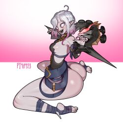 Rule 34 | 1girl, ahoge, ass, bound, bound wrists, breasts, briar (league of legends), chained wrists, colored sclera, colored skin, fingernails, grey hair, grey skin, hair between eyes, highres, huge ass, league of legends, looking at viewer, multicolored hair, open mouth, pillory, pink hair, pink sclera, piyay23, pointy ears, sharp fingernails, sharp teeth, sidelocks, smile, solo, stirrup legwear, teeth, toeless legwear, two-tone hair, vampire, white eyes