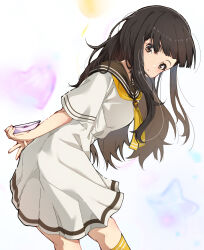 1girl aokaly arms_behind_back black_hair blunt_bangs brown_eyes brown_sailor_collar brown_serafuku closed_mouth commentary dress feet_out_of_frame from_side highres holding holding_letter leaning_forward letter long_hair looking_at_viewer love_letter make_heroine_ga_oo_sugiru! neckerchief nukumizu_kaju sailor_collar sailor_dress school_uniform serafuku smile socks standing yellow_neckerchief yellow_socks