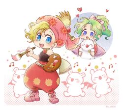 2girls baggy_pants bare_shoulders black_shirt blonde_hair blue_eyes blush bow chibi creature earrings final_fantasy final_fantasy_vi full_body grey_hair hachidori hair_bow harem_pants headscarf heart holding holding_paint_palette holding_paintbrush jewelry long_hair moogle multiple_girls musical_note open_mouth paint_palette paintbrush pants pink_bow pink_headscarf pink_headwear pink_shoes red_pants relm_arrowny shirt shoes smile tina_branford twitter_username wavy_hair