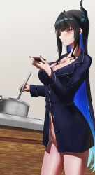 1girl absurdres asymmetrical_horns black_hair black_shirt blue_hair bottomless breasts cleavage closed_mouth colored_inner_hair commentary cooking cooking_pot cup ddann demon_horns english_commentary highres holding holding_cup hololive hololive_english horns large_breasts long_hair looking_at_object mole mole_on_thigh mole_under_eye multicolored_hair naked_shirt navel_peek nerissa_ravencroft partially_unbuttoned red_eyes red_lips red_nails sakazuki shirt slit_pupils solo two-tone_hair uneven_horns very_long_hair virtual_youtuber