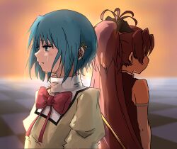 absurdres blue_eyes blue_hair bow bowtie checkered_floor high_ponytail highres magical_girl mahou_shoujo_madoka_magica medium_hair miki_sayaka mitakihara_school_uniform ponytail red_bow red_bowtie sakura_kyoko sakura_kyoko_(magical_girl) school_uniform takeraka tears