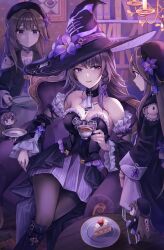 Rule 34 | 5girls, absurdres, ascot, bare shoulders, beret, black pantyhose, breasts, brown hair, cake, cleavage, commentary, cup, detached sleeves, dress, elisabetlis, english commentary, flower, food, fruit, hat, hat flower, herta (honkai: star rail), herta (puppet) (honkai: star rail), highres, honkai: star rail, honkai (series), jewelry, layered dress, layered sleeves, long hair, looking at viewer, medium breasts, multiple girls, necklace, pantyhose, purple eyes, sitting, smile, strapless, strapless dress, strawberry, tea, teacup, the herta (honkai: star rail), witch hat
