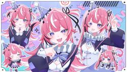 1girl black_sleeves camila_(vtuber) chibi cleavage_cutout clenched_hands clothing_cutout clown dress facial_mark food hair_between_eyes hand_up hands_up hat heart heart_facial_mark highres index_finger_raised indie_virtual_youtuber kamaboko lilichanxxx long_hair looking_at_viewer mark_under_both_eyes mouth_hold multicolored_dress multiple_views narutomaki open_mouth party_hat pink_hair pink_nails purple_background purple_dress purple_eyes sharp_teeth tail teeth twintails white_dress white_hair