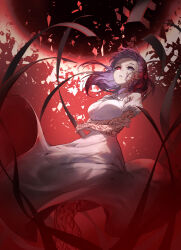 1girl absurdres breasts commentary_request corruption crossed_arms dissolving dress fate/stay_night fate_(series) heaven&#039;s_feel highres koki_1009 large_breasts looking_up matou_sakura parted_lips purple_eyes red_background red_eyes solo tears white_dress