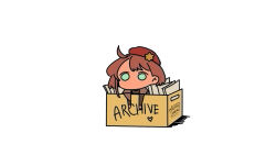 1girl beret blue_eyes box brown_hair brown_jacket chibi commentary courier_(fallout:_new_vegas) english_commentary english_text fallout fallout:_new_vegas hat heart in_box in_container jacket milramemo noelle_(milramemo) red_hat signature simple_background solo twitter_username white_background