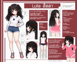 1girl black_hair comodox dress hair_bobbles hair_ornament highres long_hair lulla_(comodox) multiple_views original pink_dress red_eyes reference_sheet shirt shoes short_shorts shorts sneakers socks thai_text white_shirt
