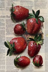 absurdres bread_bun chili_pepper food food_focus fruit highres julia_stankevych newspaper no_humans oil_painting_(medium) original painting_(medium) photo_(medium) realistic signature still_life strawberry traditional_media wall_of_text