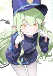 1girl absurdres blue_archive blue_hat blue_jacket blue_skirt buttons closed_mouth cowboy_shot demon_girl demon_tail gloves green_hair green_halo halo hat highres hikari_(blue_archive) jacket kampswe_galong long_hair pantyhose pointy_ears simple_background skirt smile solo tail white_background white_gloves white_pantyhose yellow_eyes