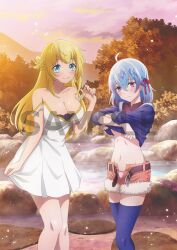 2girls ahoge blonde_hair blue_eyes blue_hair blush braid breasts cleavage closed_mouth collarbone cowboy_shot evening hair_between_eyes hair_ribbon large_breasts long_hair long_sleeves looking_at_viewer medium_hair mountain multiple_girls navel official_art onsen outdoors panties red_(shin_no_nakama) red_eyes red_ribbon ribbon ruti_ragnason sample_watermark shin_no_nakama_janai_to_yuusha_no_party_wo_oidasareta_no_de_henkyou_de_slow_life_suru_koto_ni_shimashita shirt short_shorts shorts smile standing steam thighhighs thighs underwear undressing watanabe_ruriko watermark
