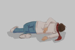 Rule 34 | 1boy, arm behind back, asanjou, death, family guy, family guy death pose (meme), kamen rider, kamen rider den-o (series), leg over thigh, lying, male focus, nogami ryoutarou, on ground, on side, red scarf, scarf, shirt, shoes, sneakers, white shirt