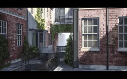 brick_wall building door fence hakuurei_amano highres ivy letterboxed making-of_available muntins no_humans original outdoors railing scenery signature window