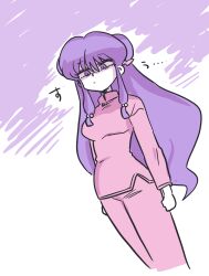 1girl arms_at_sides breasts chinese_clothes clenched_hand disgust double_bun hair_bun hair_ornament highres long_hair looking_down medium_breasts monochrome pants pink_pants pink_shirt purple_eyes purple_hair ranma_1/2 scowl shampoo_(ranma_1/2) shirt sidelocks wanta_(futoshi)
