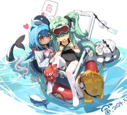 2girls ahoge bad_source black_one-piece_swimsuit blue_hair cellphone choker closed_mouth coconut covered_navel crab diving_mask drinking_straw eastern_dragon_tail fins fish fish_tail goggles goggles_on_head gradient_hair green_eyes green_hair hair_between_eyes hat heart highres holding horns innertube lifebuoy long_hair long_sleeves multicolored_hair multiple_girls no_shoes one-piece_swimsuit open_mouth original phone pink_hair red_eyes shirt sitting smartphone smile swim_ring swimsuit tail thighhighs twintails ulrica.h water wet white_shirt white_thighhighs