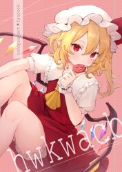 1girl ascot blonde_hair bloomers cowboy_shot crystal_wings donut dress english_text flandre_scarlet food frilled_dress frills hat hat_ribbon hiwokawa looking_at_viewer mob_cap pointy_ears puffy_sleeves red_ribbon ribbon side_ponytail solo touhou underwear white_bloomers white_hat yellow_ascot