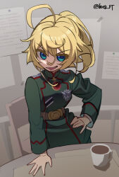 1girl ahoge badge belt blonde_hair blue_eyes brooch chair coffee colored_eyelashes cup eyes_visible_through_hair feng_ft hand_on_own_hip hand_on_table highres jewelry looking_at_viewer military_uniform mug open_mouth ponytail smile solo table tanya_degurechaff v-shaped_eyebrows youjo_senki