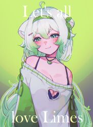 &gt;:) 1girl absurdres ahoge animal_ears bare_shoulders black_bra blush bra bra_strap breasts cleavage cleavage_cutout clothing_cutout english_text ferret ferret_ears ferret_girl food fruit gradient_hair green_background green_eyes green_hair green_sweater hair_between_eyes hair_ornament hairband hairclip head_tilt highres indie_virtual_youtuber kokomi_(aniesuakkaman) laimu_(vtuber) laimu_(vtuber)_(cozy) lime_(fruit) lime_necklace lime_slice medium_breasts multicolored_hair simple_background smile smug sweater twintails two-tone_hair underwear v-shaped_eyebrows vinesauce virtual_youtuber white_hair white_sweater