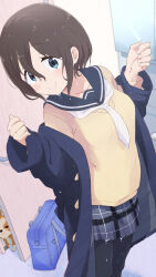 1girl bag black_hair blue_eyes chikuwa_(yurucamp) coat dog hair_between_eyes hand_up highres indoors looking_at_viewer miniskirt plaid_clothes plaid_skirt removing_coat saitou_ena school_bag short_hair skirt smile solo standing wet yakatamichi yurucamp