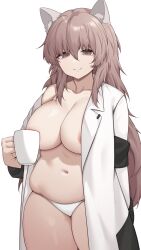 1girl act_(xadachit) animal_ears arm_behind_back breasts coat coffee_mug cup girls&#039;_frontline hair_between_eyes half-closed_eyes hand_up highres hip_focus holding holding_cup lab_coat large_breasts long_hair looking_at_viewer messy_hair mug nipples no_bra no_shirt open_clothes open_coat panties persica_(girls&#039;_frontline) pink_eyes pink_hair single_bare_shoulder smile solo standing thighs underwear very_long_hair white_coat white_panties