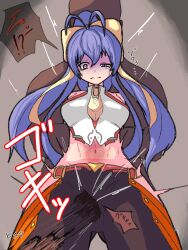 !? 1boy 1girl absurdres antenna_hair bare_shoulders blazblue blazblue:_central_fiction blazblue_variable_heart bow cowboy_shot crying genderswap genderswap_(mtf) hair_between_eyes hair_bow halterneck highres hip_vent long_hair mai_natsume midriff no_bra pants pink_eyes ponytail restrained ryona sidelocks tearing_up tears yellow_bow