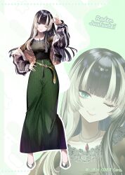1girl ;) alternate_costume black_hair black_jacket black_shirt blue_eyes blunt_bangs character_name closed_mouth commentary_request full_body green_skirt grey_hair grey_shoes hand_on_own_hip highres hime_cut holding hololive hololive_dev_is jacket jewelry juufuutei_raden long_hair long_skirt looking_at_viewer multicolored_hair necklace off_shoulder official_art one_eye_closed riichu shirt shirt_tucked_in shoes skirt smile solo standing straight_hair streaked_hair two-tone_hair virtual_youtuber