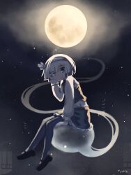 1girl black_bow black_bowtie black_hairband blue_eyes bow bowtie floating ghost green_skirt green_vest hairband highres hitodama konpaku_youmu konpaku_youmu_(ghost) looking_at_viewer moon night night_sky short_hair sitting skirt skirt_set sky smile solo star_(sky) tattieuwu touhou vest white_hair